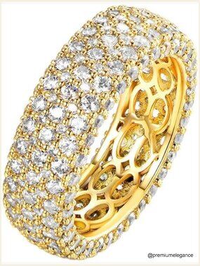 Wide Eternity Wedding Band Ring 18k Gold Plated Cubic Zirconia